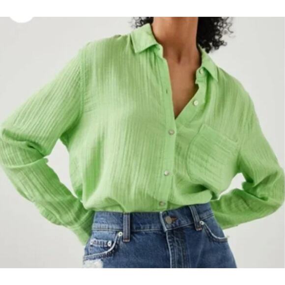 Rails Women Ellis Button Shirt Size L Organic Cotton Lightweight Jade Lime Green - Picture 2 of 11